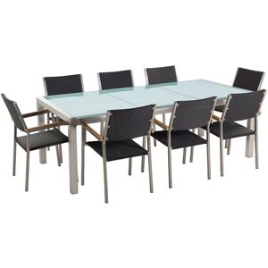 BELIANI 8 Seater Garden Dining Set Cracked Ice Glass Top Black Rattan Chairs Grosseto