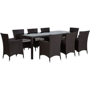 BELIANI Outdoor Garden Faux Rattan Dining Set 8 Seater Dark Brown Tempered Glass Italy