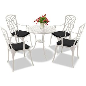 Homeology OSHOWA Luxurious Garden & Patio Table & 4 Large Chairs with Armrests Cast Aluminium Bistro Set - White with Black Cushions
