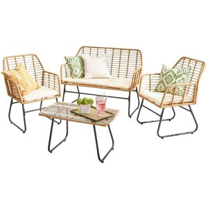 Neo Direct - Neo Beige Garden Furniture Patio Wicker Bamboo Style Cane Chair Table Outdoor Indoor Balcony Conservatory Rattan Cushion Sofa Set 4 Piece