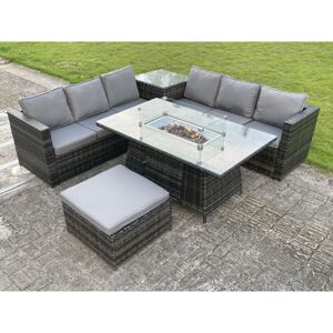 Outdoor pe Rattan Garden Corner Furniture Gas Fire Pit Table Sets Gas Heater Lounge Big Footstool Dark Grey 7 Seater - Fimous