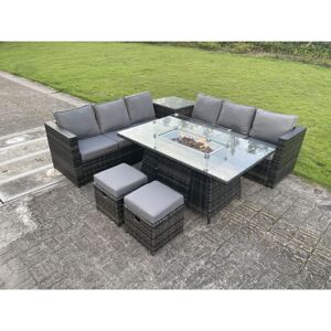 Outdoor Rattan Garden Corner Furniture Gas Fire Pit Table Sets Gas Heater Lounge Small Footstools Dark Grey 8 Seater - Fimous