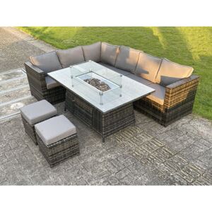 Outdoor Rattan Garden Corner Furniture Gas Fire Pit Table Sets Gas Heater Lounge Small Footstools Dark Grey 8 Seater - Fimous