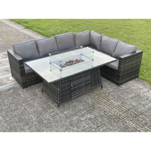 Outdoor Rattan Garden Corner Sofa Set Garden Furniture Gas Fire Pit Table Dining Sets Gas Heater Lounge Dark Grey 6 Seater - Fimous