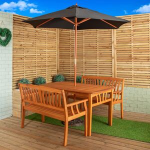 Samuel Alexander - Outdoor 4 Person Rectangular Wooden Garden Dining Table & 2 Benches with Black Parasol & Base Furniture Set