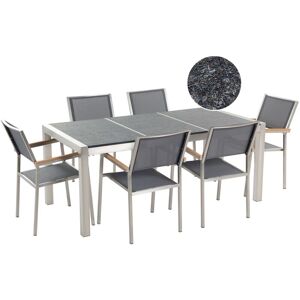 BELIANI 6 Seater Garden Dining Set Black Flamed Triple Granite Top Grey Chairs Grosseto
