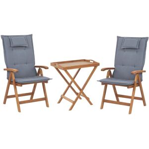Beliani - Rustic Garden Bistro Set Acacia Wood Table 2 Chairs Folding Blue Cushions Java