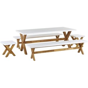 BELIANI Garden Dining Set Fibre Concrete Dining Table 2 Benches 2 Stools White Olbia