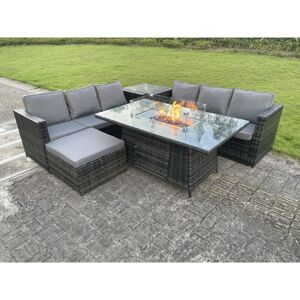 Outdoor Rattan Garden Furniture Gas Fire Pit Dining Table Sets Gas Heater Lounge Big Footstool Dark Mixed Grey 7 Seater - Fimous