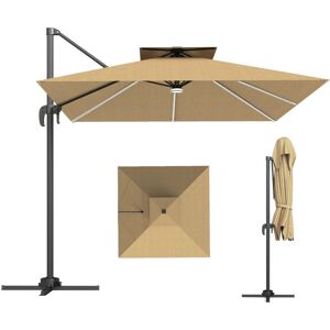 Outsunny - 2.5m Cantilever Parasol, Garden Parasol with Lights, Khaki