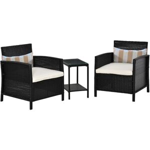 Outsunny - 3 pc Outdoor Rattan Sofa Set w/ Chairs Coffee Table Cushion Black