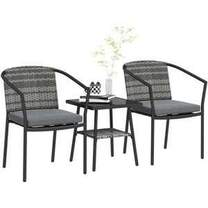 Outsunny 3 PCS Rattan Bistro Set with Cushions Glass Top Coffee Table and Chairs
