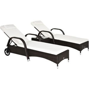 Outsunny - 3 pcs Rattan Lounger Recliner Bed Garden Furniture Set Side Table Brown