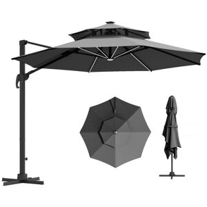 Outsunny 3(m) Cantilever Roma Parasol with LED Solar Lights, Crank & Tilt Dark Grey