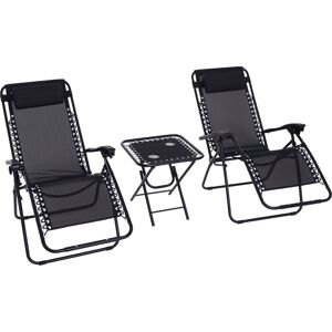 Outsunny - 3PC Zero Gravity Chairs Sun Lounger Table Set w/ Cup Holders Black