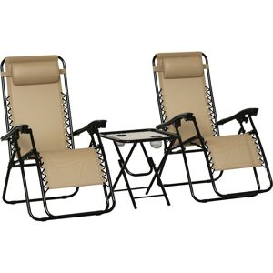 Outsunny - 3PC Zero Gravity Chairs Sun Lounger Table Set w/ Cup Holders Beige
