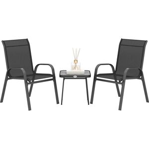 3 Pieces Outdoor Bistro Set, Patio Stackable Armchairs with Breathable Mesh Fabric and spc Board Coffee Table Black - Outsunny