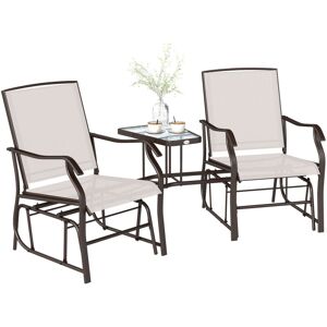 Outsunny Outdoor Double Glider Rocking Chairs with Glass Top Middle Table, Metal Gliding Love Seat Conversation Furniture with Breathable Mesh Fabric Seat,