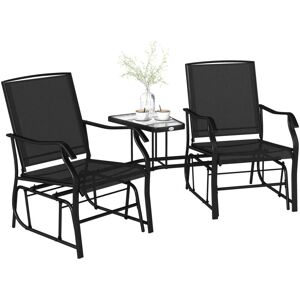 Outsunny Outdoor Double Glider Rocking Chairs with Glass Top Middle Table, Metal Gliding Love Seat Conversation Furniture with Breathable Mesh Fabric Seat,