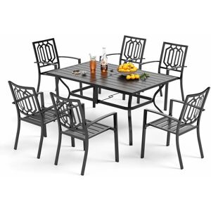 PHIVILLA PHI VILLA Garden Table and Chairs Set, Outdoor Patio Dining Set, Rectangular Metal Table with Umbrella Hole and 6 Stackable Garden Chairs