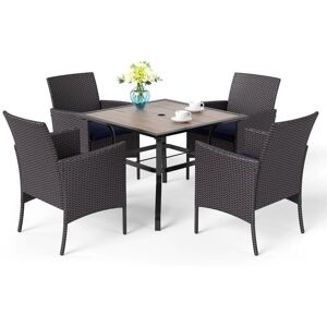 PHIVILLA 5 Piece Outdoor Patio Garden Furniture Set with 4 pe Rattan Chairs and Steel Frame Square Table with Umbrella Hole Garden Table and Chairs Patio