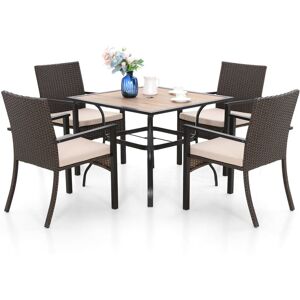 PHIVILLA Garden Dining Table and Chairs Set 5Pcs, 94 cm Square Wood-Like Table, 4 Outdoor Rattan Wicker Chairs With Beige Cushion, Garden Patio Balcony
