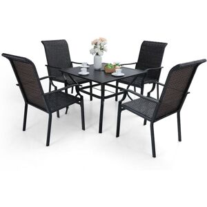 PHIVILLA Garden Furniture Sets 5 Piece, Garden Table and Chairs Set, 4 Rattan Garden Chair and Metal Dining Table with Umbrella Hole, Outdoor Patio Furniture