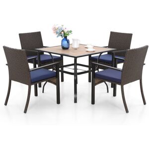 PHIVILLA Garden Table and Chairs, Outdoor Patio Dining Set with Square Metal Wood-Like Table, 4 Rattan Wicker Chairs, 5 Pcs Outdoor Patio Table and Chairs Set