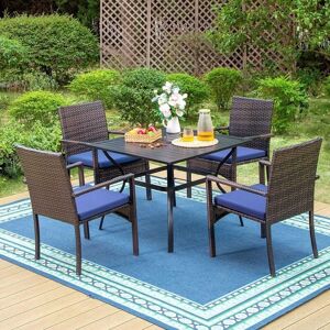 Patio Furniture Metal Table and Rattan Chairs with Cushion Outdoor Balcony Garden Table and Chairs Garden Furniture Set All Weather (4+1) - Phivilla