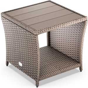 Casaria Polyrattan Garden Side Table wpc Table Top 45x45x40cm 80kg Load Capacity Weatherproof Outdoor Patio Deck Balcony Furniture Coffee Table Adjustable