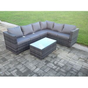 Fimous - Rattan Corner Sofa Set Rectangular Oblong Coffee Table Outdoor Garden Furniture In Grey Mix 6 Seater With Seat And Back Cushion Right Hand