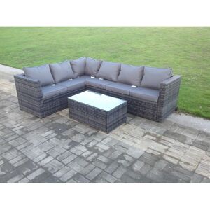 Fimous - Rattan Corner Sofa Set Rectangular Oblong Coffee Table Outdoor Garden Furniture In Grey Mix 6 Seater With Seat And Back Cushion Left Hand
