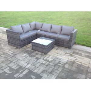 Fimous - Rattan Corner Sofa Set Square Coffee Table Outdoor Garden Furniture In Dark Grey Mix 6 Seater With Seat And Back Cushion Right Corner