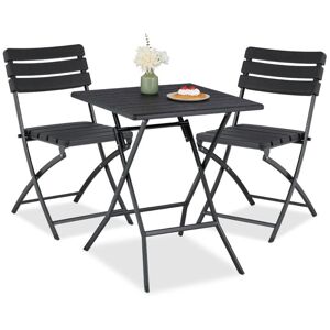 Relaxdays - Balcony Furniture Set, 3-piece, 1 table & 2 Chairs, Foldable, Garden Set in Wood Look, Steel & Plastic, Black