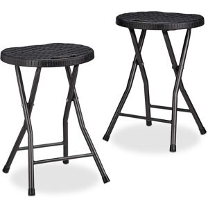 Relaxdays - bastian Round Folding Stool, Foldable, Plastic, Rattan Look, Waterproof, HxWxD: 45 x 32.5 x 29 cm, Black