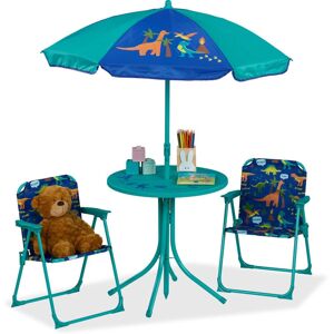 Relaxdays - Children's Camping Furniture Set with Parasol, Folding Chairs & Table, Garden Ensemble, Dinosaur, Turquoise