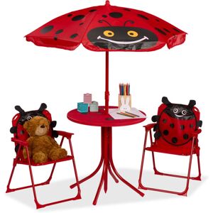 Relaxdays - Children's Camping Furniture Set with Parasol, Folding Chairs & Table, Kids' Garden Ensemble, Ladybird, Red