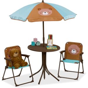 Relaxdays - Children's Camping Furniture Set with Parasol, Folding Chairs & Table, Kids' Garden Ensemble, Bear, Brown