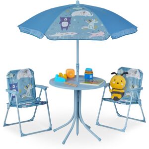 Relaxdays - Children's Camping Furniture Set with Parasol, Folding Chairs & Table, Kids' Garden Ensemble, Animals, Blue