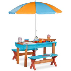 Relaxdays - Garden Picnic Table Set, Wood, Play Table, 2x Bench, Parasol, Outdoor Kids Furniture, Colourful
