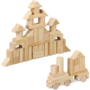 Wooden Building Blocks, 100 Pieces, Various Shapes, Stacking & Construction for Kids, Beech Wood, Natural - Relaxdays