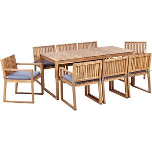 BELIANI Rustic 8 Seater Garden Dining Set Certified Acacia Wood Table Chairs with Blue Cushions Sassari ii