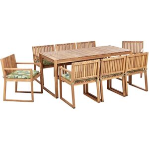 BELIANI Rustic 8 Seater Garden Dining Set Certified Acacia Wood Table Chairs with Leaf Pattern Green Cushions Sassari ii