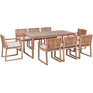 BELIANI Rustic 8 Seater Garden Dining Set Certified Acacia Wood Table Chairs with Light Beige Cushions Light Brown Sassari ii