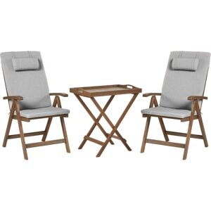 Beliani - Rustic Garden Bistro Balcony Set Natural Solid Acacia Table 2 Chairs Folding with Grey Melange Cushions Amantea Premium