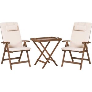 Beliani - Rustic Garden Bistro Balcony Set Natural Solid Acacia Table 2 Chairs Folding with Light Beige Cushions Amantea Premium