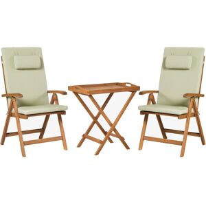 Beliani - Rustic Garden Bistro Set Acacia Wood Table 2 Chairs Folding Green Cushions Java Premium