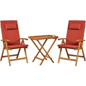 Beliani - Rustic Garden Bistro Set Acacia Wood Table 2 Chairs Folding Red Cushions Java Premium