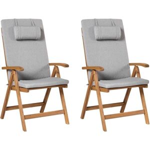 Beliani - Rustic Set of 2 Garden Chairs Light Acacia Wood Folding Grey Melange Cushions Java Premium