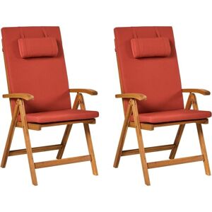 Beliani - Rustic Set of 2 Garden Chairs Light Acacia Wood Folding Red Cushions Java Premium